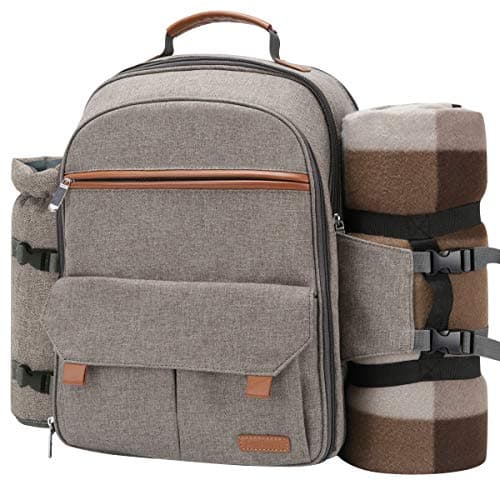 Sunflora Sac à dos de pique-nique pour 4 personnes avec couverture, panier de pique-nique pour 2 personnes avec pochette à vin isotherme pour les couples en famille (beige)