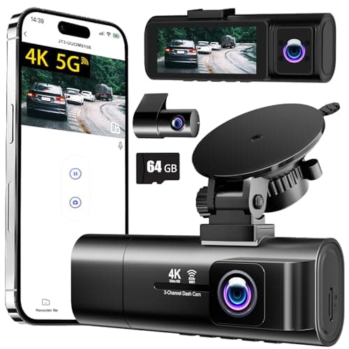 Caméra intérieure avant et arrière 4K Dash Cam, carte 64 Go gratuite, caméras embarquées 3 canaux pour voiture avec WiFi 5G, IPS 3,16", grand angle 170°, boucle...