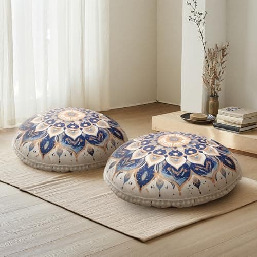 DAWNYIELD 32-Inch Round Meditation Cushion for Adults Set of 2 – Extra-Thick Large Floor Pillow with Premium Filling, Bohemian Mandala Circle...