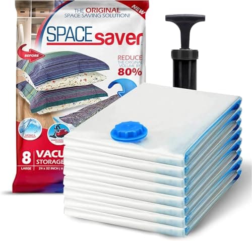 Spacesaver Lot de 8 grands sacs de rangement sous vide - Sacs sous vide de 32 x 24 pouces pour vêtements, literie, couettes - 80 % de stockage en plus - Pompe à main...