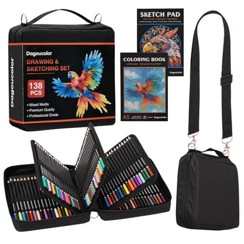 DagouColor Crayons de dessin dans un sac à bandoulière, 136 crayons de couleur, kit de dessin, ensemble de croquis avec carnet de croquis 3 couleurs, livre de coloriage, fournitures d'art pour...