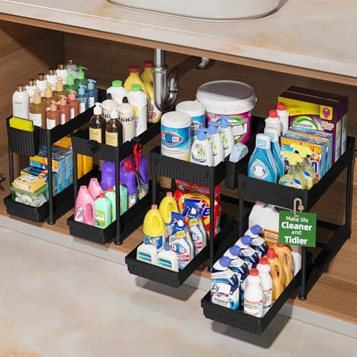Sevenblue 4 Pack Under Sink Organizer and Storage,Bathroom Organizers, Multi-Use Under Sink Organizer for Bathroom and Kitchen with Sliding Drawer,...