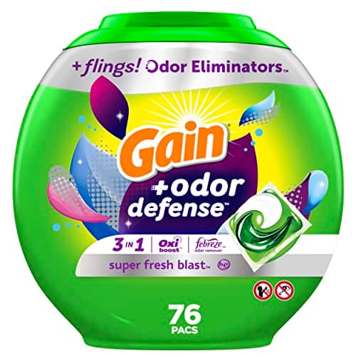 Gain Flings Laundry Detergent Pacs Super Fresh Blast Scent with Odour Defense, 76 Count