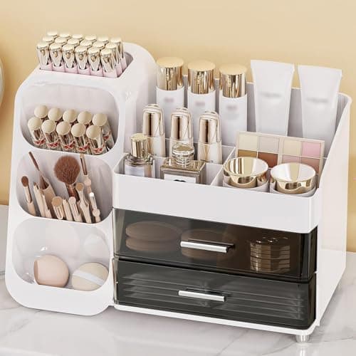 Organisateur de maquillage RUN.SE avec tiroirs pour vanité, vitrine cosmétique spacieuse avec porte-pinceaux de maquillage, organisateur de salle de bain parfait pour vanité et...