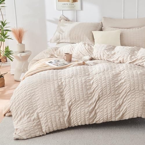 HYMOKEGE Housse de couette beige Queen Size, ensemble de housse de couette en seersucker ultra doux 3 pièces avec fermeture à glissière, ensemble de literie en microfibre brossée douce avec...