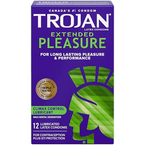 Préservatifs en latex TROJAN Extended Pleasure avec lubrifiant Climax Control, 12 unités, lubrifiant spécial pour aider à contrôler l'orgasme et prolonger la durée...
