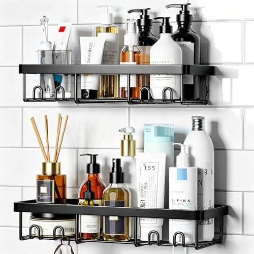Moforoco Shower Caddy Shelf Organizer Rack, Self Adhesive Black Bathroom Shelves Basket, Home Farmhouse Wall Inside Organization and Storage Decor...