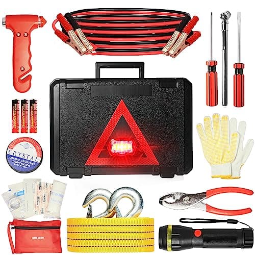 Kit d'urgence pour voiture CAWWRT, kit d'urgence pour voiture en bordure de route avec triangle réfléchissant de voyant d'avertissement, câble de démarrage, sangle de remorquage, lampe de poche, trousse de premiers secours,...