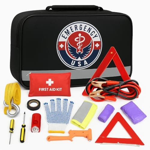 Roadside Assistance Car Emergency Kit - First Aid Kit, Jumper Cables, Tow Rope, LED Flash Light, Rain Coat, Tire Pressure Gauge, Safety Vest & More...