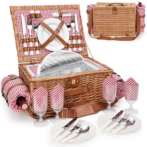 Picnic Basket for 4, Insulated Willow Picnic Baskets with Shoulder Strap, Picnic Basket with Waterproof Picnic Blanket, Handmade Wicker Basket for...