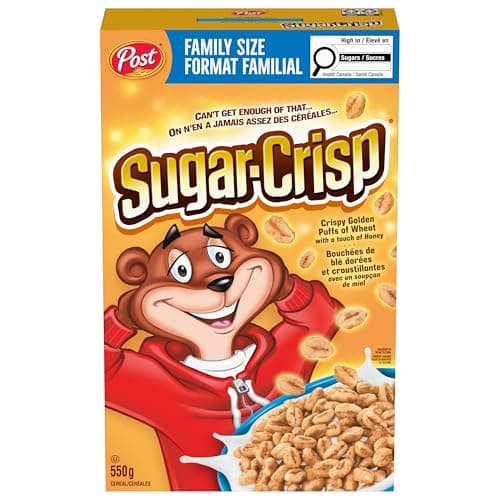 Post Sugar Crisp Breakfast Cereal, Crispy Puffs of Wheat, Low in Fat & Sodium, Family Size 550g