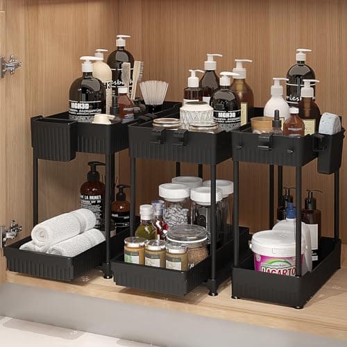 Sevenblue Under Sink Organizer 3 Pack, Bathroom Organizers, 2 Tier Multi-Use kitchen Organizers and Storage with Sliding Drawer, Hang Hooks and...