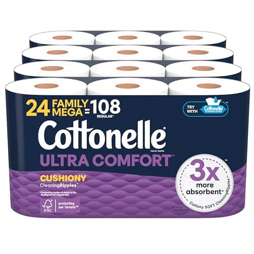 Papier toilette Cottonelle, 24 méga rouleaux familiaux = 108 rouleaux réguliers (4 paquets de 6), papier hygiénique ultra confortable et doux, 296 feuilles par rouleau,...