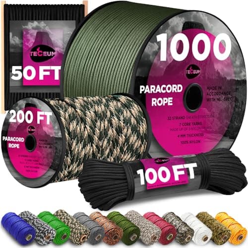 TECEUM Paracord Type IV 750 lb Black 016 – 50 ft – 4mm – Nylon Strong Tactical MIL–SPEC Parachute Cord – Survival Rope Emergency para Cord 11...