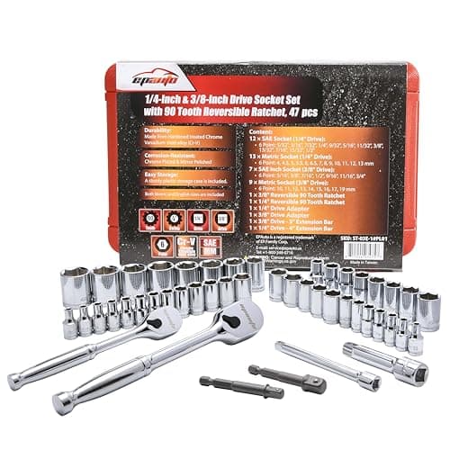 EPAuto 1/4-Inch and 3/8-Inch Drive Socket Set with 90 Tooth Reversible Ratchet, 47 Pieces