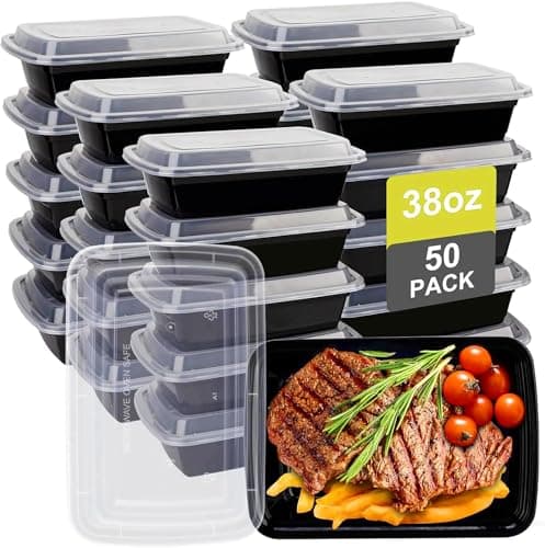 50 Pack Meal Prep Containers with Lids 38oz - Plastic Food Storage Containers with lids - Disposable Take out Containers with Lid for Meal Prep -...