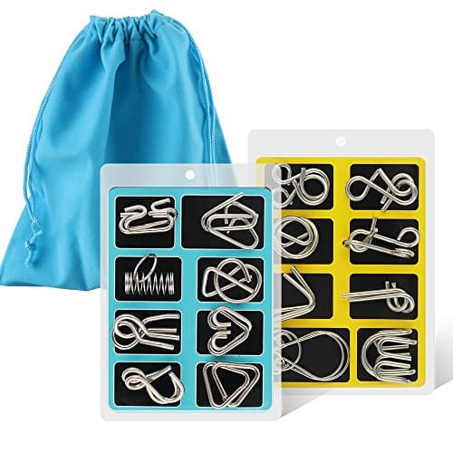 Coogam Lot de 16 puzzles en fil métallique avec pochette, casse-tête, test de QI, disentanglemen, lien de fer, déverrouillage, jeu de puzzle, tour de magie, jouet, cadeau pour enfants et...