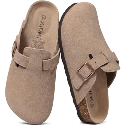 KIDMI Women's Suede Clogs Leather Mules Cork Footbed Sandals Potato Shoes with Arch Support, Taupe 40