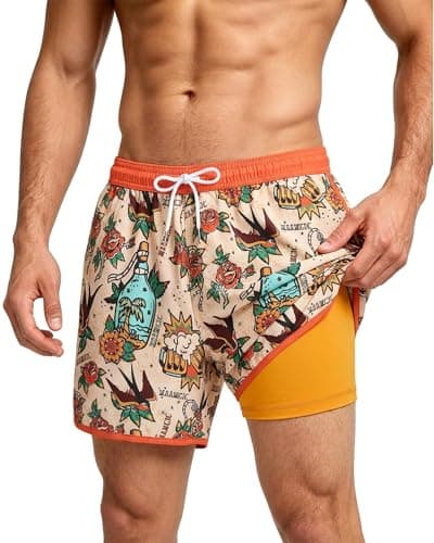 maamgic Mens Vintage Swim Shorts 5.5 Inch with 2 in 1 Compression Liner 80s 90s Retro Swim Trunks Quick Dry Bathing Suits,Ivory Tangerine Vintage...