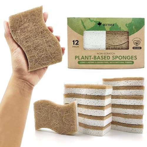 AIRNEX 12 Pack Biodegradable Natural Kitchen Sponges - Eco Friendly Cellulose and Coconut Dish Scrubbers - Non Scratch, Odourless Dual Sided...