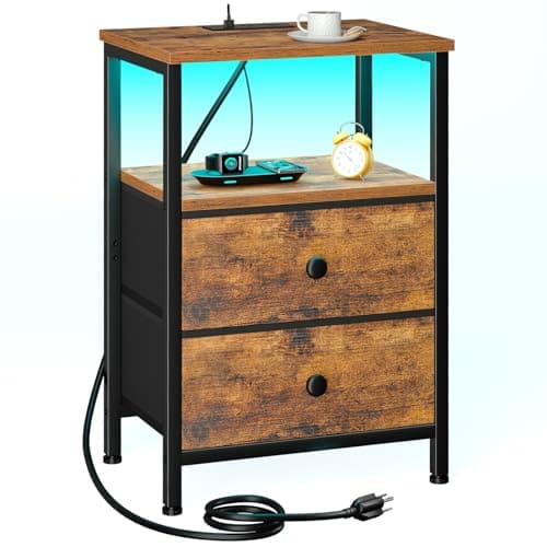 Table de chevet LOAKEKEL avec station de chargement, table de bout avec 2 tiroirs en tissu, table de nuit LED pour chambre à coucher, petite table d'appoint de lit avec ports USB et...