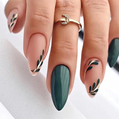 24 pièces presse sur ongles courts amande moyen faux faux ongles, Gel acrylique Nail Art ongles pour femmes filles, feuilles vert foncé