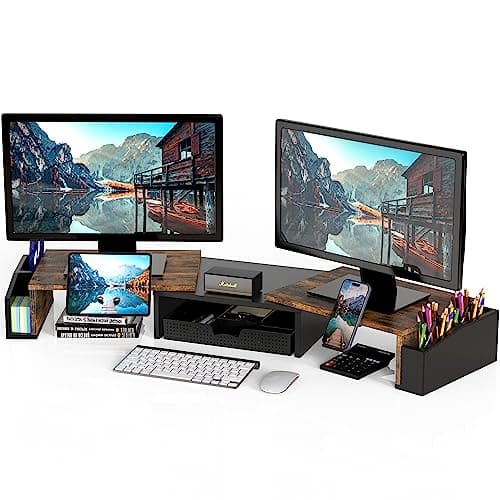 Simple Houseware Dual Monitor Stand Riser of Adjustable Length and Angle Shelf with Holder and Drawer, Rustic Brown