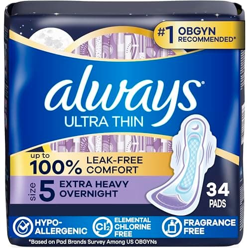 Always, serviettes ultra fines pour femmes, taille 5, capacité d'absorption très lourde pendant la nuit avec ailes, 34 pièces