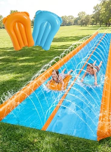 Sloosh Super Double Toboggan aquatique pour enfants adultes, toboggan aquatique robuste de 25 pieds x 7 pieds avec arroseur et 2 planches gonflables antidérapantes pour la fête en...