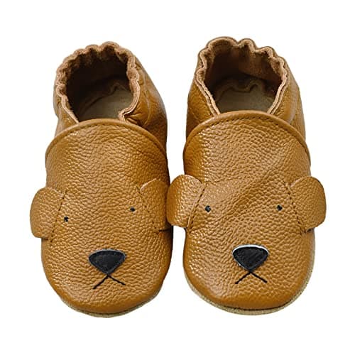 iEvolve Chaussures en cuir souples pour premiers pas pour bébé - Mocassins pour tout-petits (ours marron, 12-18 mois)