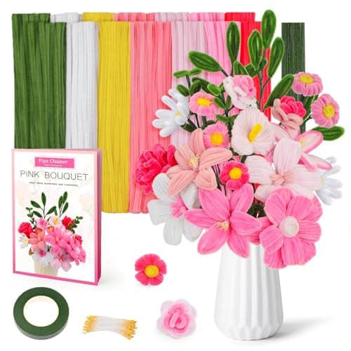 550 pièces Kit de fleurs de cure-pipe rose, 7 couleurs tiges de chenille artisanat de cure-pipes, kit d'artisanat de fabrication de fleurs en vrac de cure-pipe avec fournitures,...