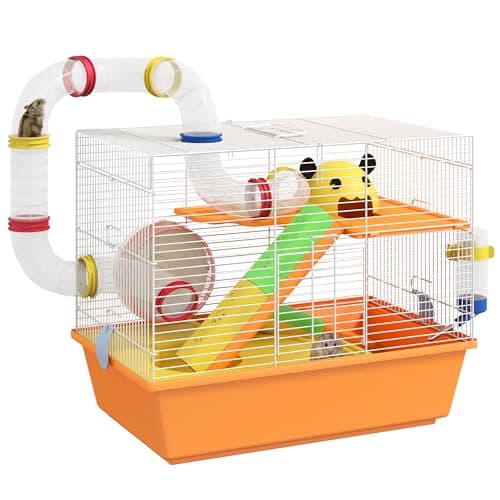 PawHut Cage à hamster à 3 niveaux pour petits animaux, cage pour hamster nain et gerbille avec tunnels complets, bouteille d'eau, roue d'exercice, plat de nourriture, rampes,...