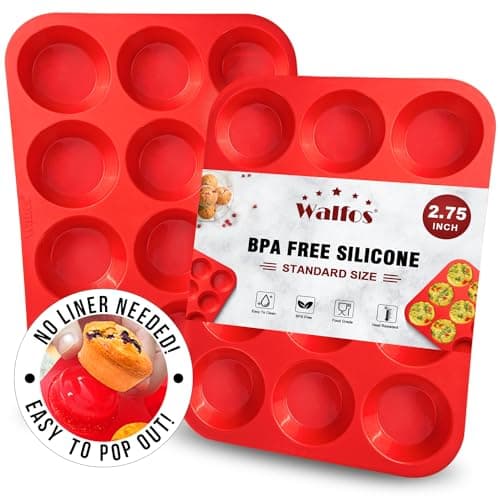 Walfos Lot de 2 moules à muffins en silicone – 12 tasses, moule à cupcakes ordinaire, moule à muffins en silicone antiadhésif pour muffins aux œufs, cupcakes, tartes, pain, sans BPA – Lot de 2