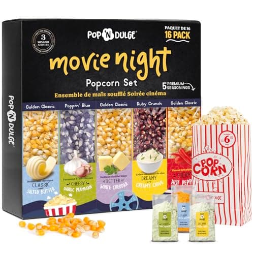 Popcorn Movie Night Supplies Grains de pop-corn Assaisonnement pour pop-corn 16 paquets, 5 grains de pop-corn gastronomiques, 5 paquets de variétés d'assaisonnement pour pop-corn sans OGM...