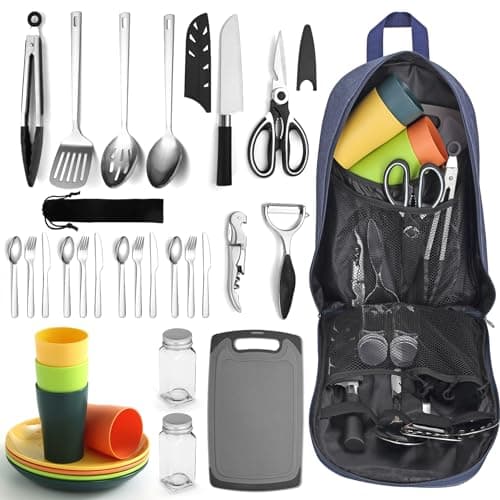 Berglander Camping Essentials, ensemble d'ustensiles de cuisine de camping, accessoires de camping indispensables, livré avec des ensembles d'argenterie de camping, des assiettes et...