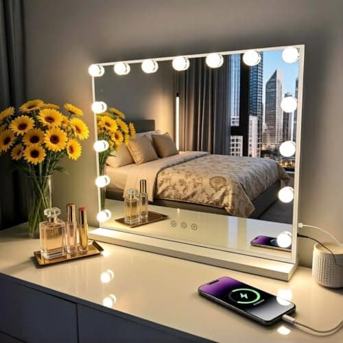 Miroir de courtoisie KOTTOVA avec lumières, grand miroir de maquillage éclairé Hollywood de 23" x 18,1" avec 15 LED, 3 modes de couleurs, avec spot 10X amovible...