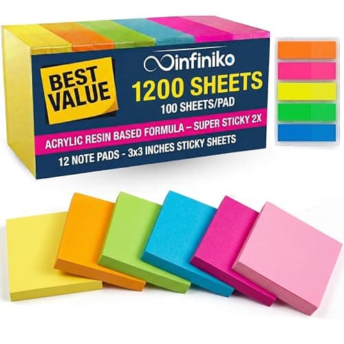Infiniko Sticky Notes 3x3 (12 Pads/1200 Sheets) – 2026 Improved Adhesive, Super Sticky & Bright Neon Colors – 1200 Sheets – Ideal for School,...