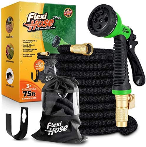 Flexi Hose Plus with 8 Function Nozzle Expandable Garden Hose, Lightweight & No-Kink Flexible Garden Hose, 3/4 inch Solid Brass Fittings and Double...