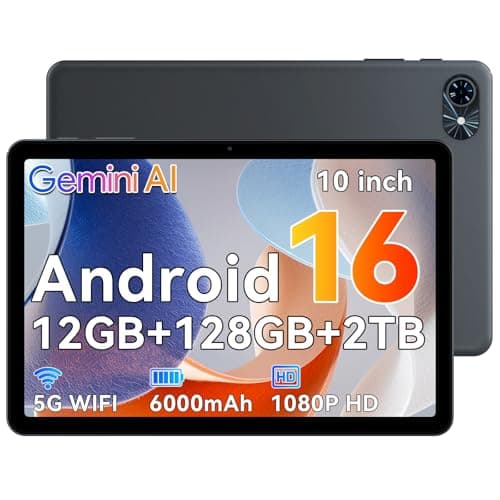 Tablette 10 pouces | Tablette Android 16 avec Gemini AI | 12 Go de RAM, 128 Go de ROM + 2 To extensible | Écran HD 120 Hz, 6000 mAh avec charge rapide, WiFi 5G,...