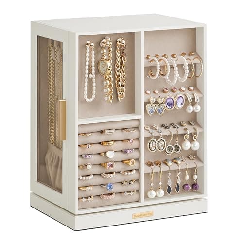SONGMICS GISELLA Collection - Jewelry Box Organizer 360° Rotating, Large Vertical Jewelry Storage Case with 5 Drawers, Shiny Metal Hardware, Glass...