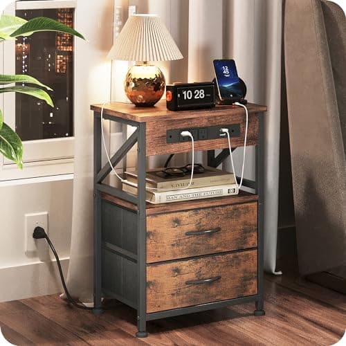 Flrrtenv Night Stands, Bedside Table with Charging Station- End Table with 2 Fabric Drawers, Side Table Bedroom Sofa Small Space Storage with 2...