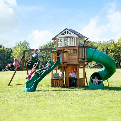 Backyard Discovery Bristol Point Swing Set, Outdoor Wooden Playset with Swings & Slide, Durable Backyard Playground for Kids, Detailed Assembly,...