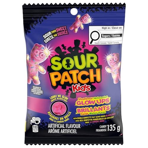SOUR PATCH KIDS Glow Ups Strawberry-Watermelon Soft & Chewy Candy, Sour Gummies that GLOW UNDER BLACKLIGHT, Party, Festival, Gaming, 135g