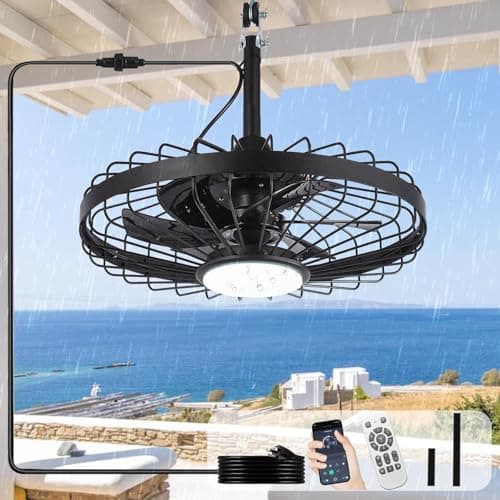 Ventilateur de plafond extérieur Depuley avec lumière : ventilateurs de tonnelle étanches de 20 pouces avec lumières suspendues en plein air - Branchez les ventilateurs en cage de contrôle par application à distance pour...