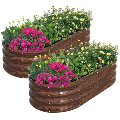 SnugNiture Lit de jardin surélevé galvanisé pour l'extérieur, 2 pièces, boîte de jardinière ovale en métal de 4x2x1 pieds pour planter des plantes et des légumes, marron