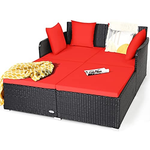 Happygrill Ensemble de canapé-lit de repos d'extérieur en rotin avec coussins rembourrés et pieds en aluminium robustes, meubles de patio en osier pour jardin...
