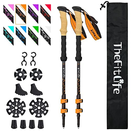 Bâtons de randonnée en fibre de carbone TheFitLife – Bâtons de marche pliables et télescopiques avec poignée en liège naturel et poignées étendues en EVA, ultralégers...