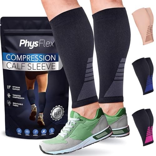 Calf Compression Sleeves for Men and Women - (1 Pair) Footless Compression Socks Support for Varicose Vein, Nursing, Pregnancy, Running - PhysFlex...