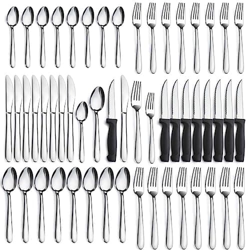 Pleafind Ensemble d'argenterie 48 pièces pour 8 personnes, ensemble de couverts avec couteaux à steak, ensemble de couverts en acier inoxydable, comprenant des fourchettes, des cuillères et un ensemble de couteaux, lave-vaisselle...