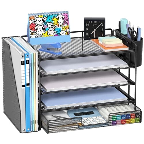 Organisateur de bureau Gugsey avec porte-fichiers, organisateur et accessoire de bureau, bac à courrier à 5 niveaux avec tiroir et porte-stylo, bureau en maille...